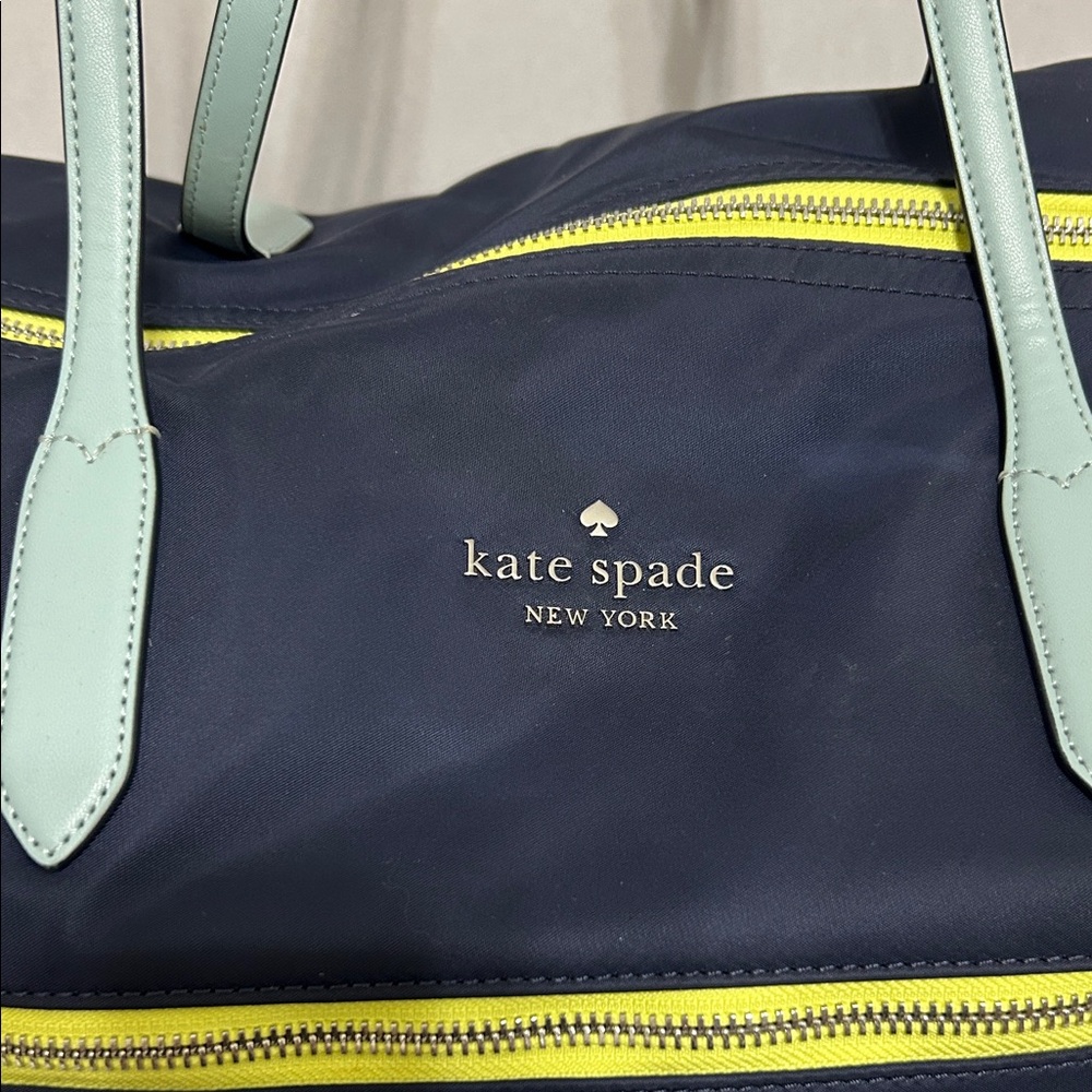 kate spade nylon weekender bag in navy w/ light blue handles and yellow accents - Picture 7 of 8